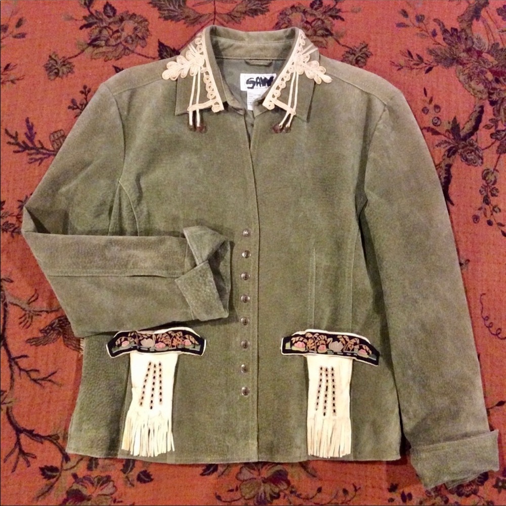 Olive green suede jacket w/ cross-stitch back.